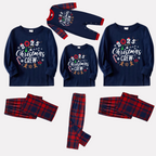 "2025 Christmas Crew" Text and Santa Hat Prints Blue Long Sleeves Top with Red and Blue Plaid Pants Christmas Matching Pajamas