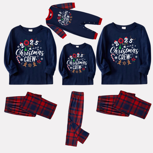 "2025 Christmas Crew" Text and Santa Hat Prints Blue Long Sleeves Top with Red and Blue Plaid Pants Christmas Matching Pajamas