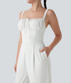 Square Neck Drawstring Jumpsuit with Pockets-Easy Peezy Edition