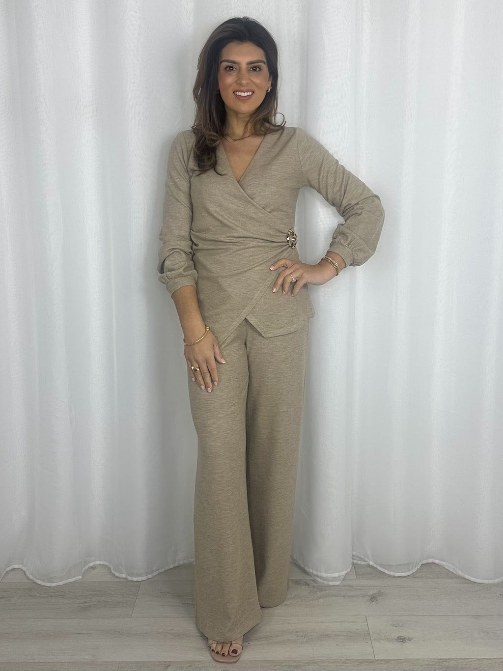 V-Neck Cross Front Gold Buckle Top & Wide Leg Trouser Co-Ord (2 Colours)