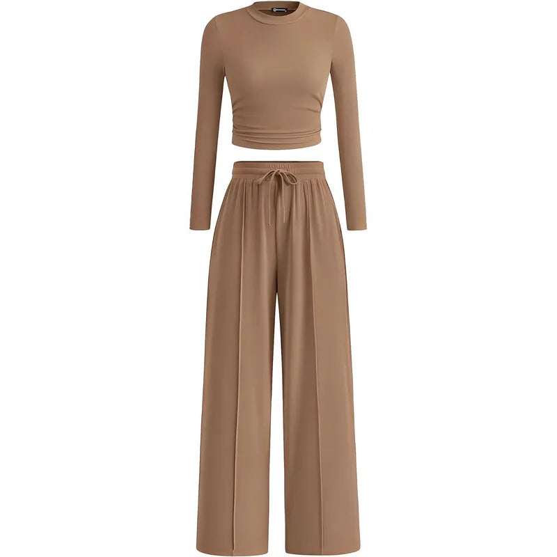 2-Piece Lounge Set – Ribbed Knit Long Sleeve Crop Top & Wide Leg Pants