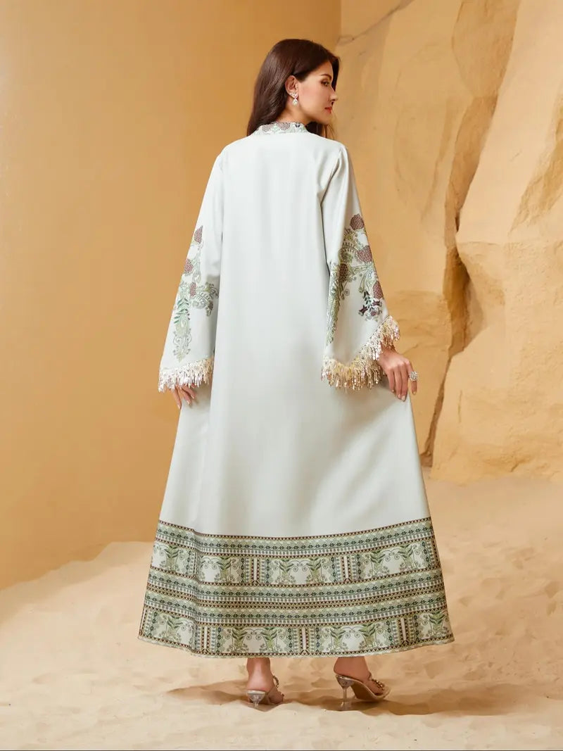 Women's Elegant Long Dress, Loose Fit Ethnic Print, Lace-Up Design, All-Season Wear, Perfect for Evening Occasions & Special Events