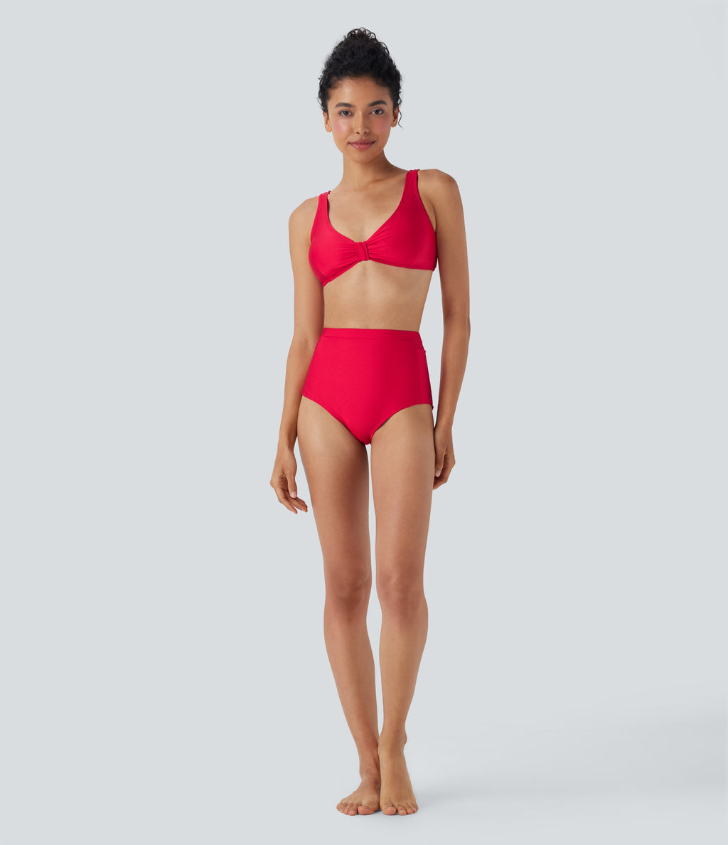 High Waisted Tummy Control Sheen Bikini Bottom Swimsuit with Pockets