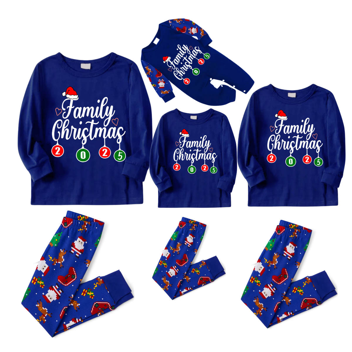 Family Christmas 2025 Pajamas Set - Blue Top / Santa Print Pants