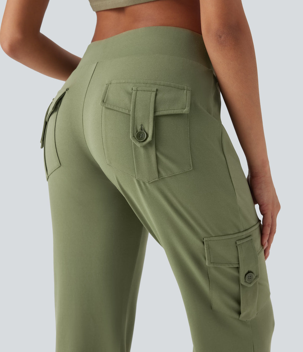 Low Rise Drawstring Casual Bootcut Cargo Pants with Pockets