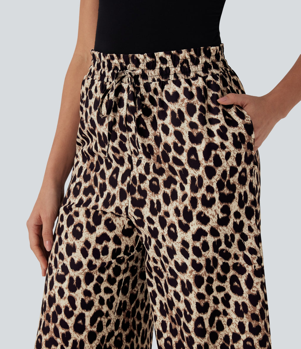 High Waisted Drawstring Leopard Print Wide Leg Capri Casual Pants with Pockets