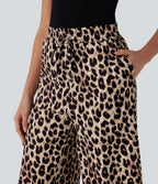 High Waisted Drawstring Leopard Print Wide Leg Capri Casual Pants with Pockets