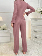 Women's Solid Lettuce Trim Top & Pants Loungewear Two-Piece Set, Casual Comfy Long Sleeve V Neck Top & Trousers PJ Set, Ladies Sleepwear for All Seasons