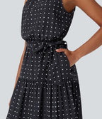 Halter Keyhole Back Belted Polka Dot Flowy Midi Dress with Pockets