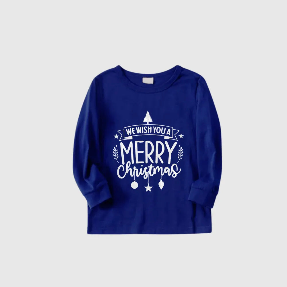 Christmas Family Matching Pajamas-Cozy Blue Pjs Set with "Wish You A Merry Christmas" Slogan Print