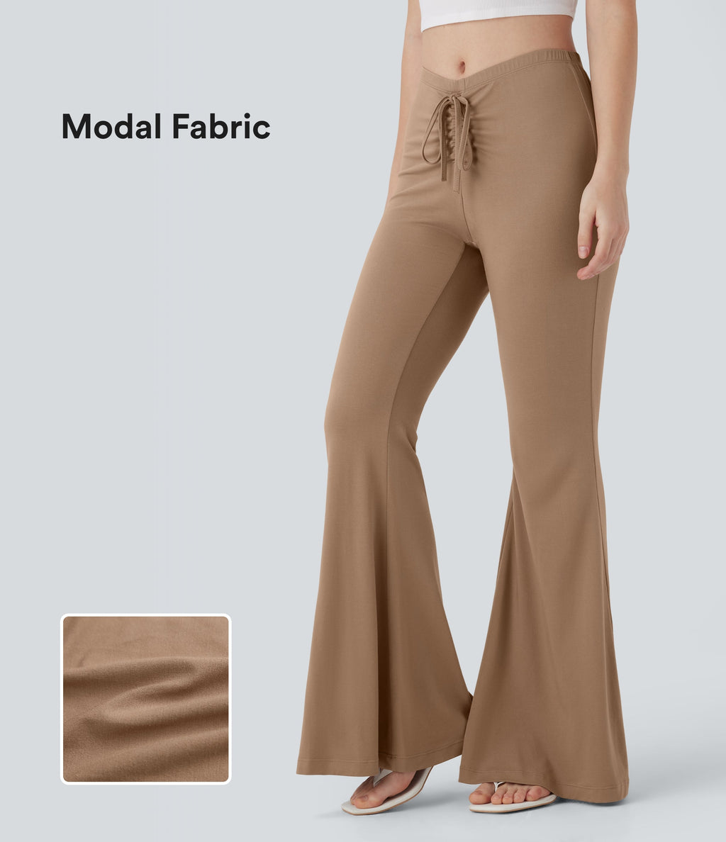 V Shaped Mid Rise Drawstring Flowy Casual Flare Pants