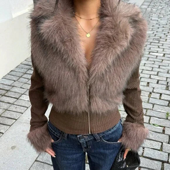 Women's Fashion Street Style Patchwork Knit Faux Fur Jacket, Zipper Long Sleeve Coat, Fall & Winter Thick Fabric, Casual Wear
