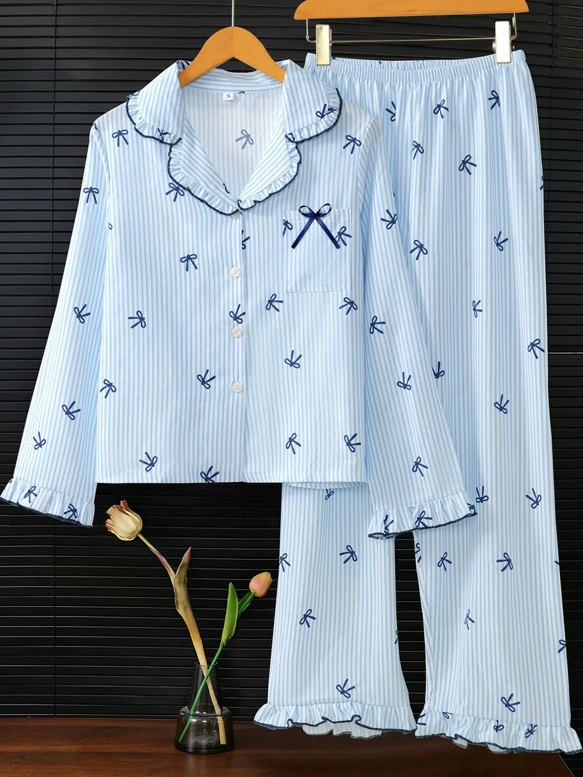 Women's Sleepwear Set, Breathable Striped Bow Design, Sweet & Fashionable Home Wear, Comfortable Nightgown for Women, Homewear