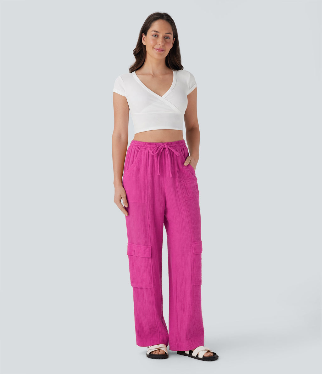 High Waisted Drawstring Wide Leg Cargo Casual Cotton Pants with Pockets