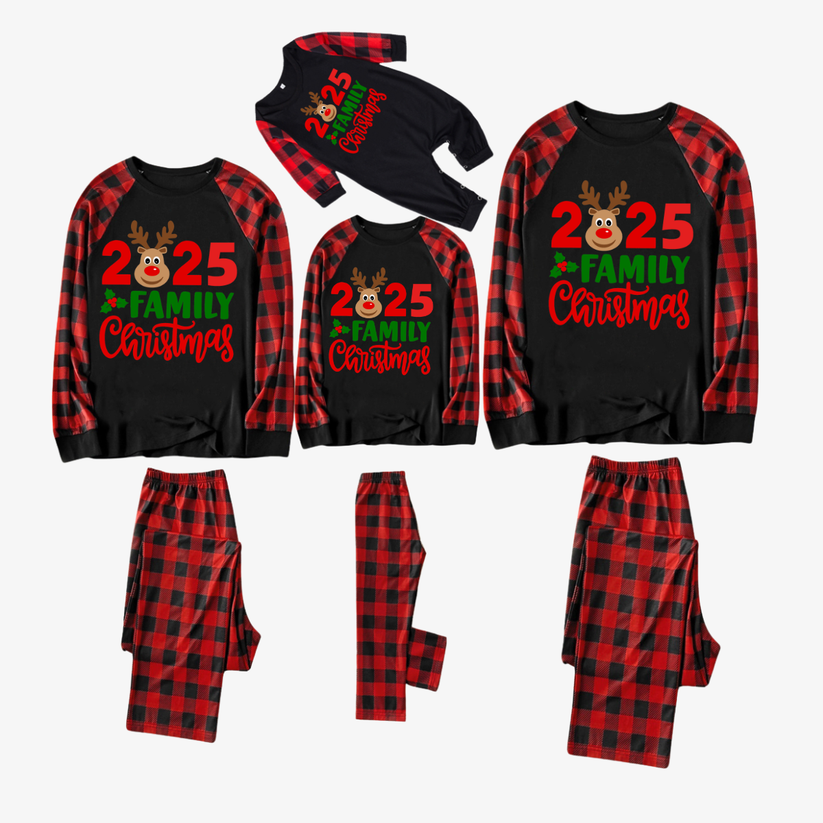 "2025 Family Christmas" Moose Letter Prints Black & Red Plaid Family Matching Black Pajamas