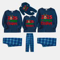 "2025 Family Christmas" Moose Letter Print Blue Plaid Christmas Matching Pajamas