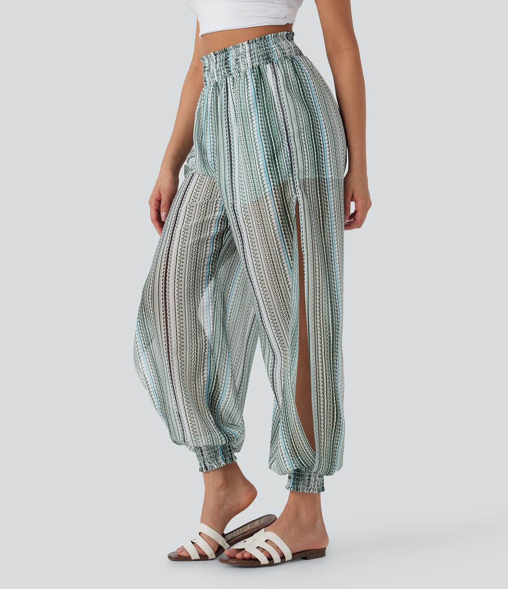 High Waisted Shirred 2-in-1 Stripe Casual Joggers with Pockets