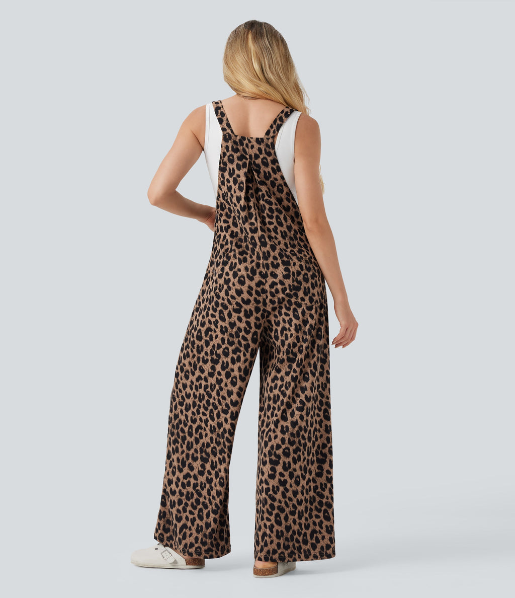 Leopard Print Waffle Casual Overalls with Pockets