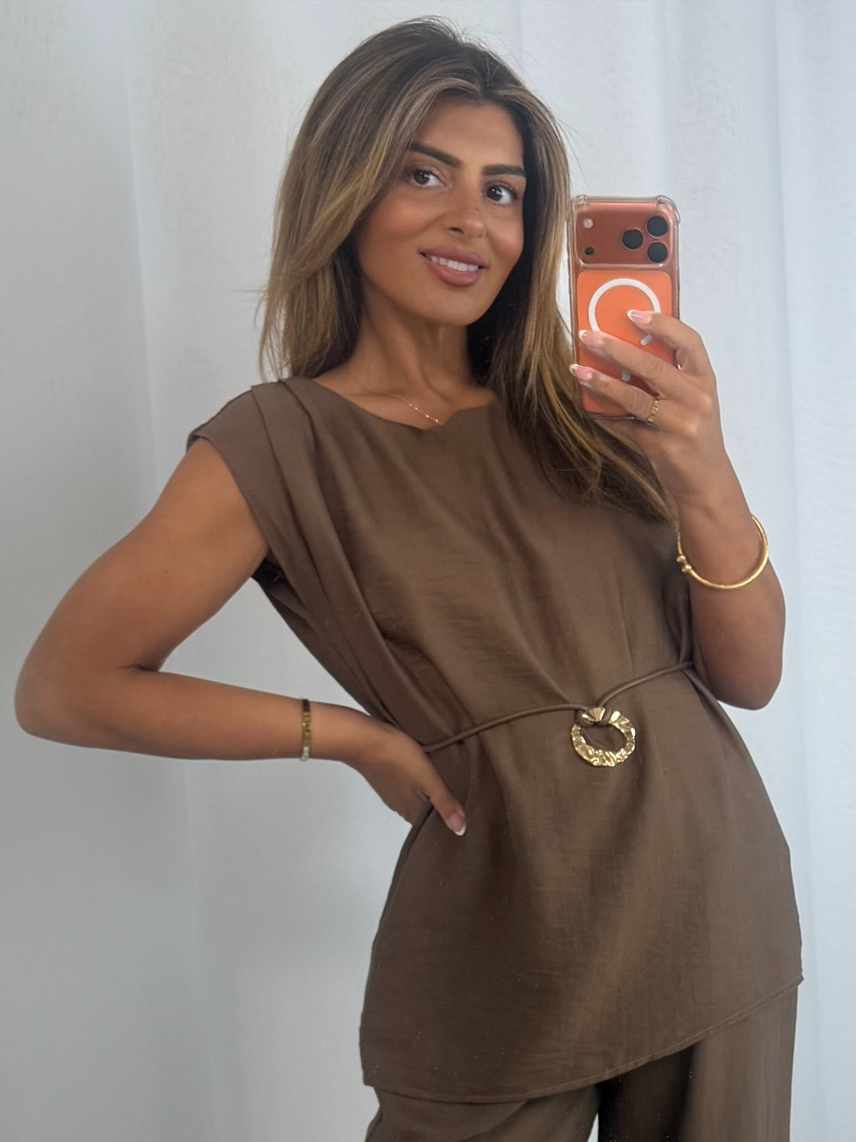 Brown Co-Ord With Thin Leather Belt And Gold Disk