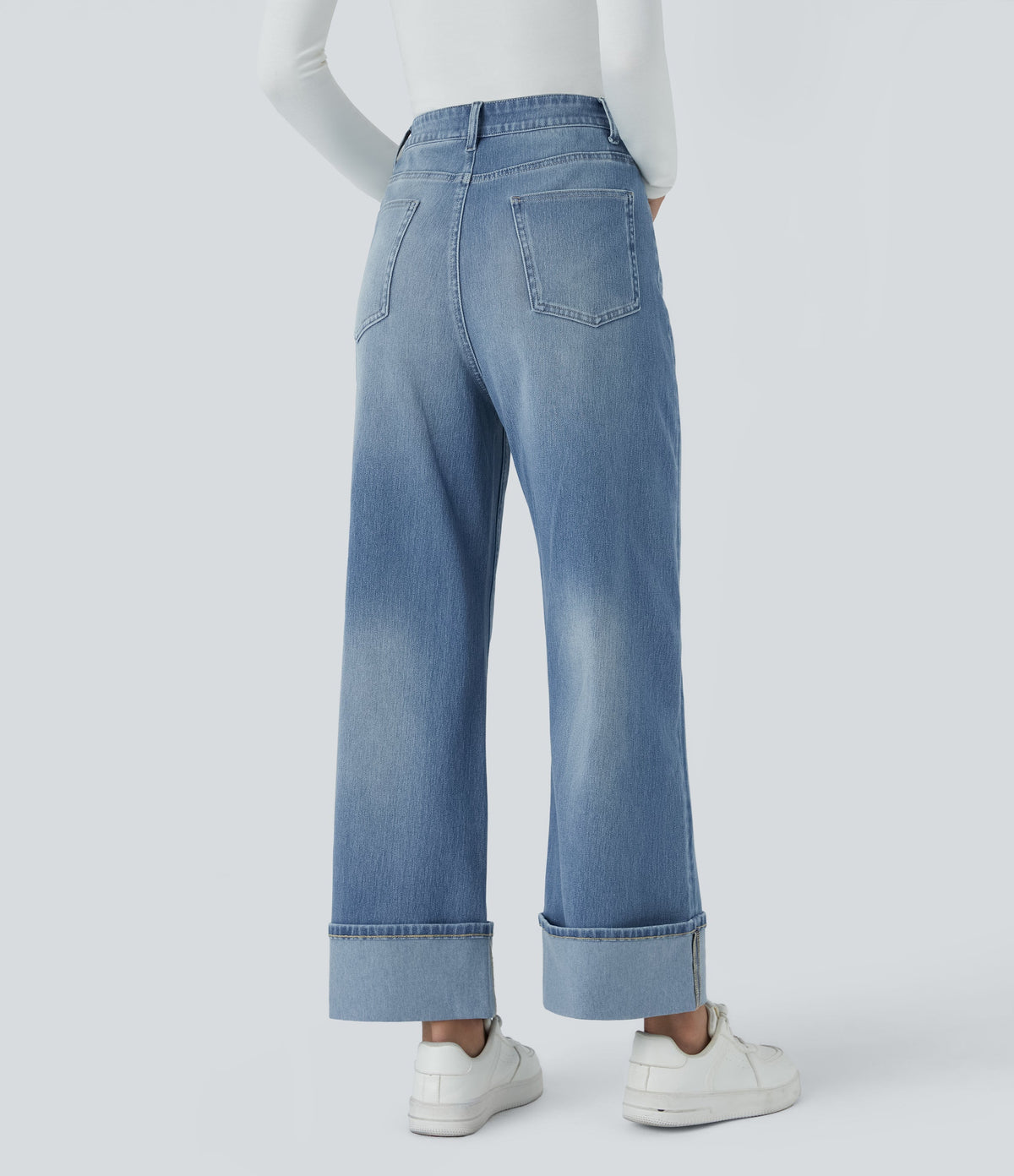 FlexTM High Waisted Multiple Pockets Rolled Hem Wide Leg Washed Stretchy Knit Casual Jeans