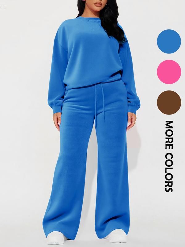 Women's Casual Fashion Long Sleeve Top & High Waist Straight Leg Pants Set, Autumn Winter, Comfortable and Stylish Clothing, Womenswear