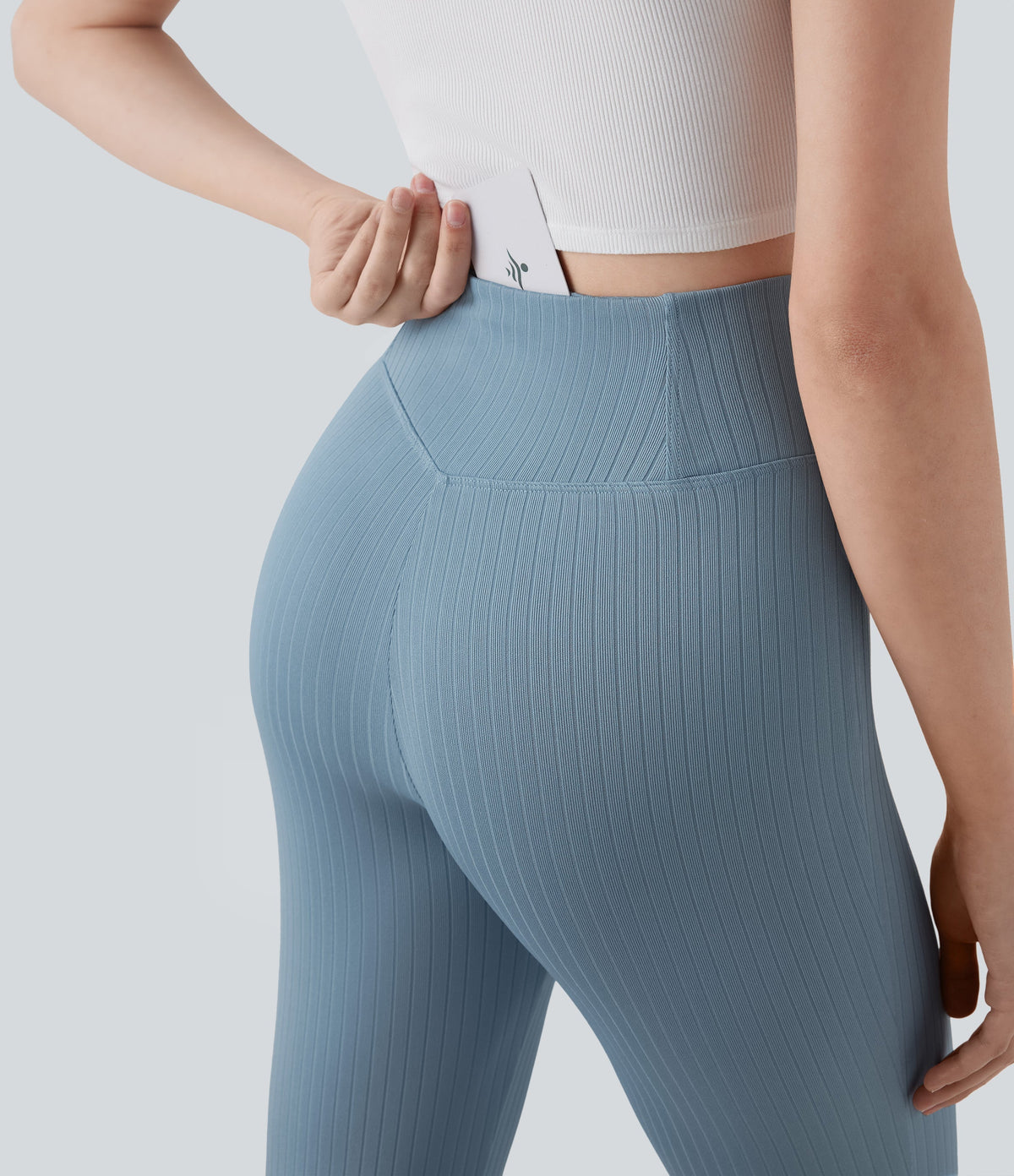 Ribbed Knit Crossover High Waisted Casual Flare Pants with Pocket