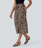 High Waisted Drawstring Leopard Print Wide Leg Capri Casual Pants with Pockets