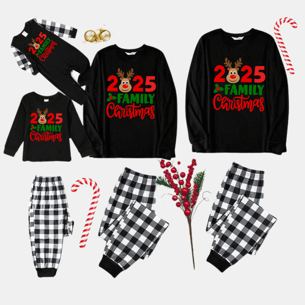 "2025 Family Christmas" Moose Letter Print Black Long Sleeve Top with Black And White Plaid Pants Family Matching Pajamas