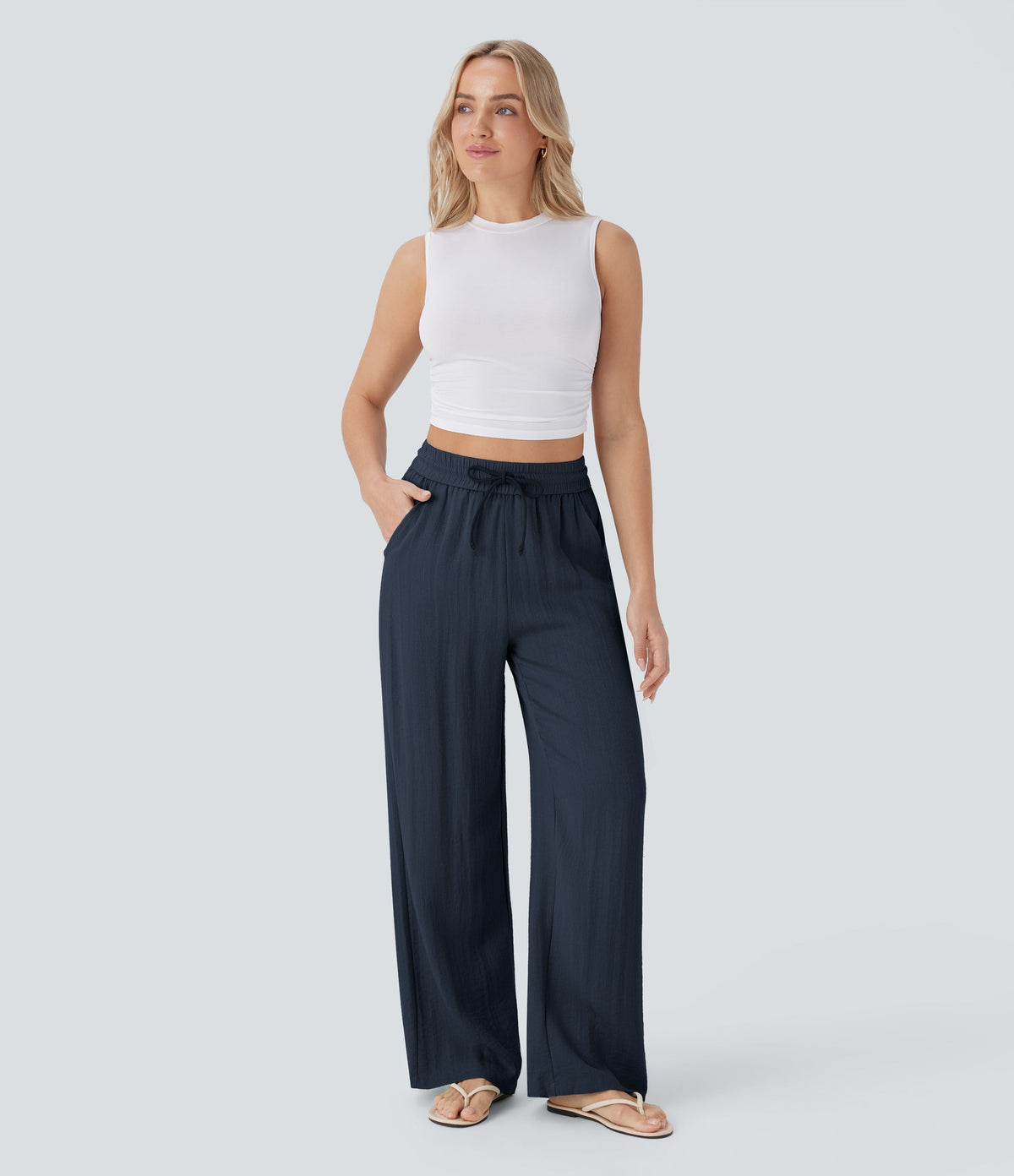 2026🔥 High Waisted Drawstring Pocket Wide Leg Casual Linen-Feel Pants