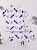 Women's Heart Bow Print Sleepwear Set, Short Sleeve Button-Up Top & Elastic Shorts, Casual Home Wear, Party