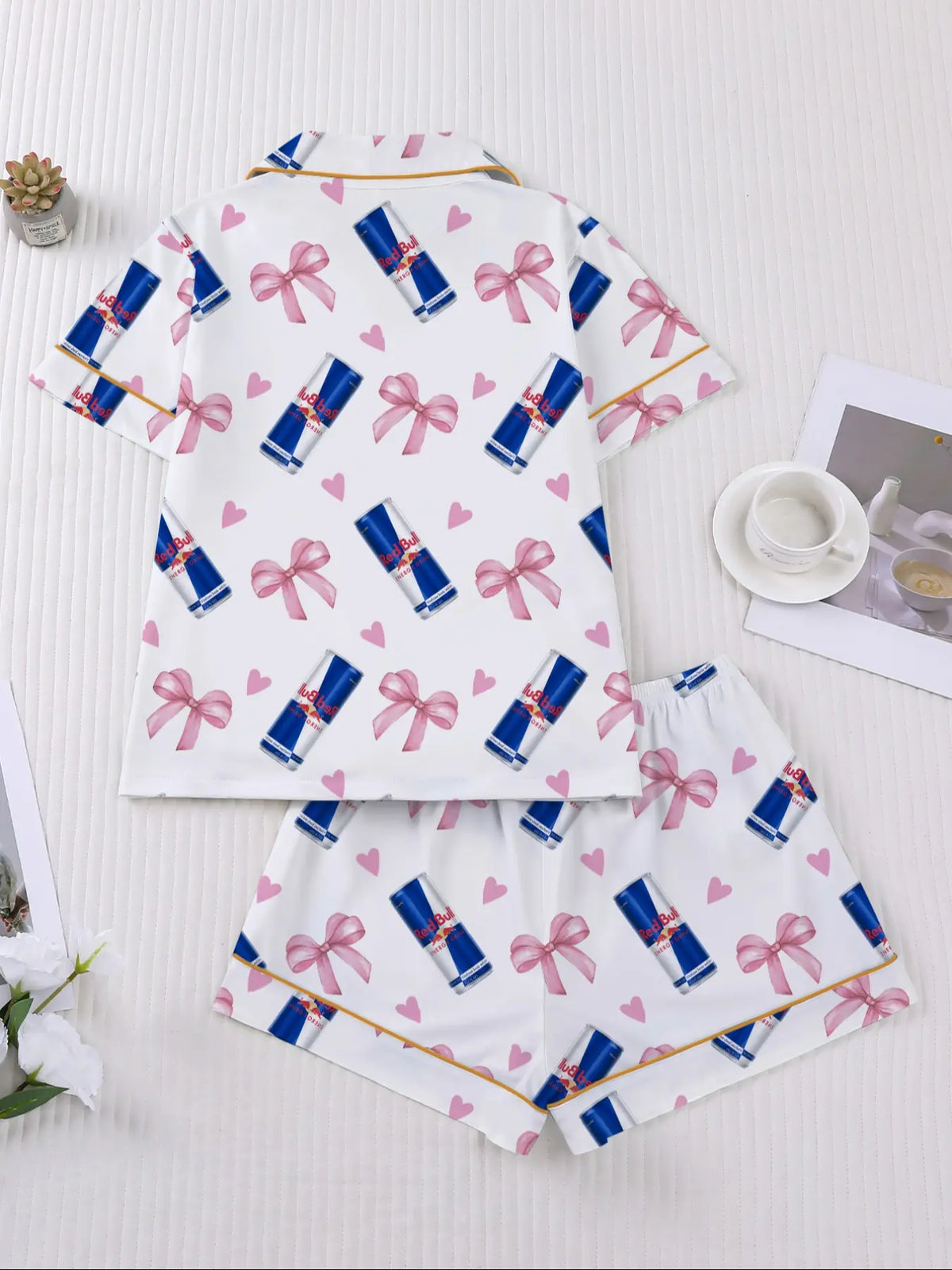 Women's Heart Bow Print Sleepwear Set, Short Sleeve Button-Up Top & Elastic Shorts, Casual Home Wear, Party