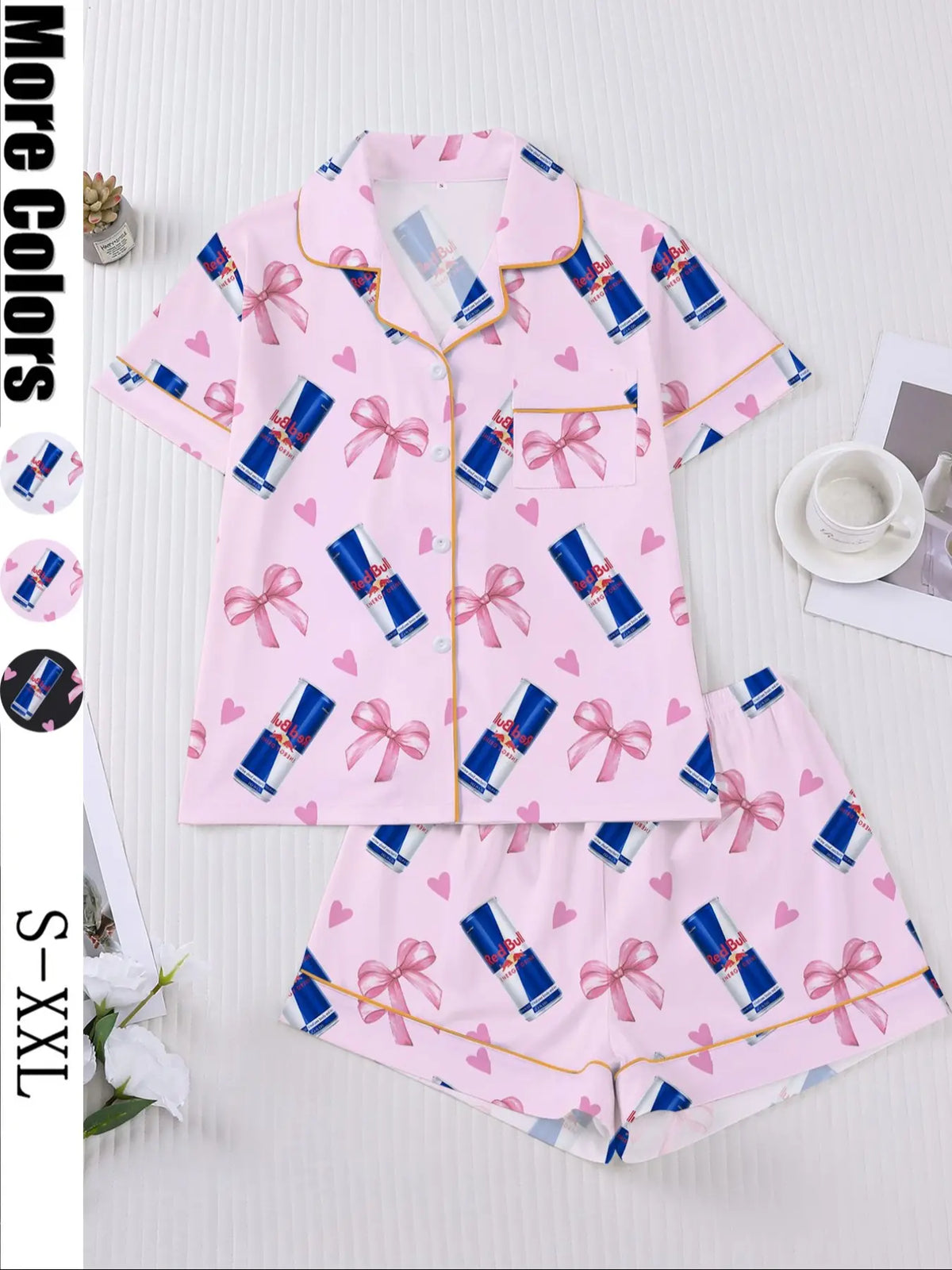 Women's Heart Bow Print Sleepwear Set, Short Sleeve Button-Up Top & Elastic Shorts, Casual Home Wear, Party