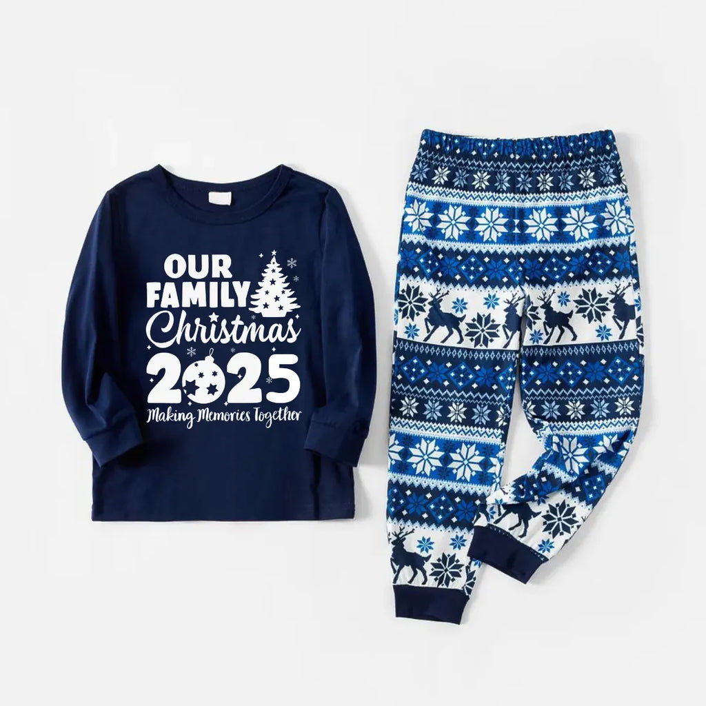 'Our Family Chirstmas 2025 Making Memories Together' Letter Print Blue Long Sleeve With Blue Floral Pants Family Matching Pajamas Sets