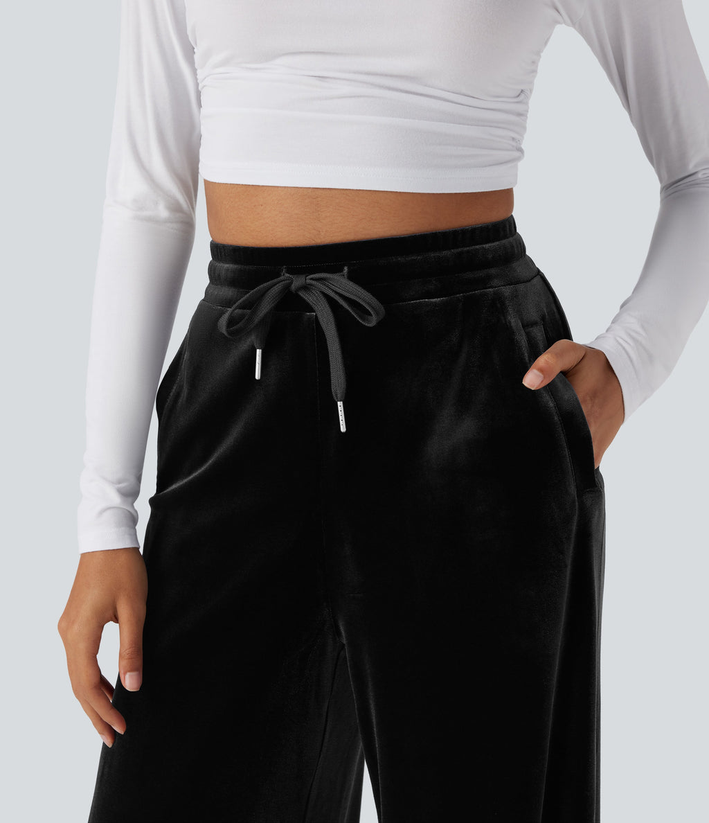 High Waisted Drawstring Wide Leg Velvet Casual Pants with Pockets
