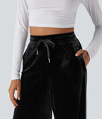High Waisted Drawstring Wide Leg Velvet Casual Pants with Pockets