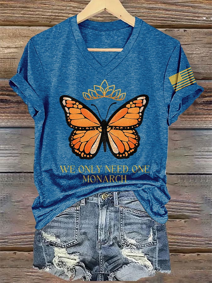 🔥Buy 3 Get 15% Off🔥V-Neck Retro No Kings We Only Need One Monarch Butterfly  Print T-Shirt