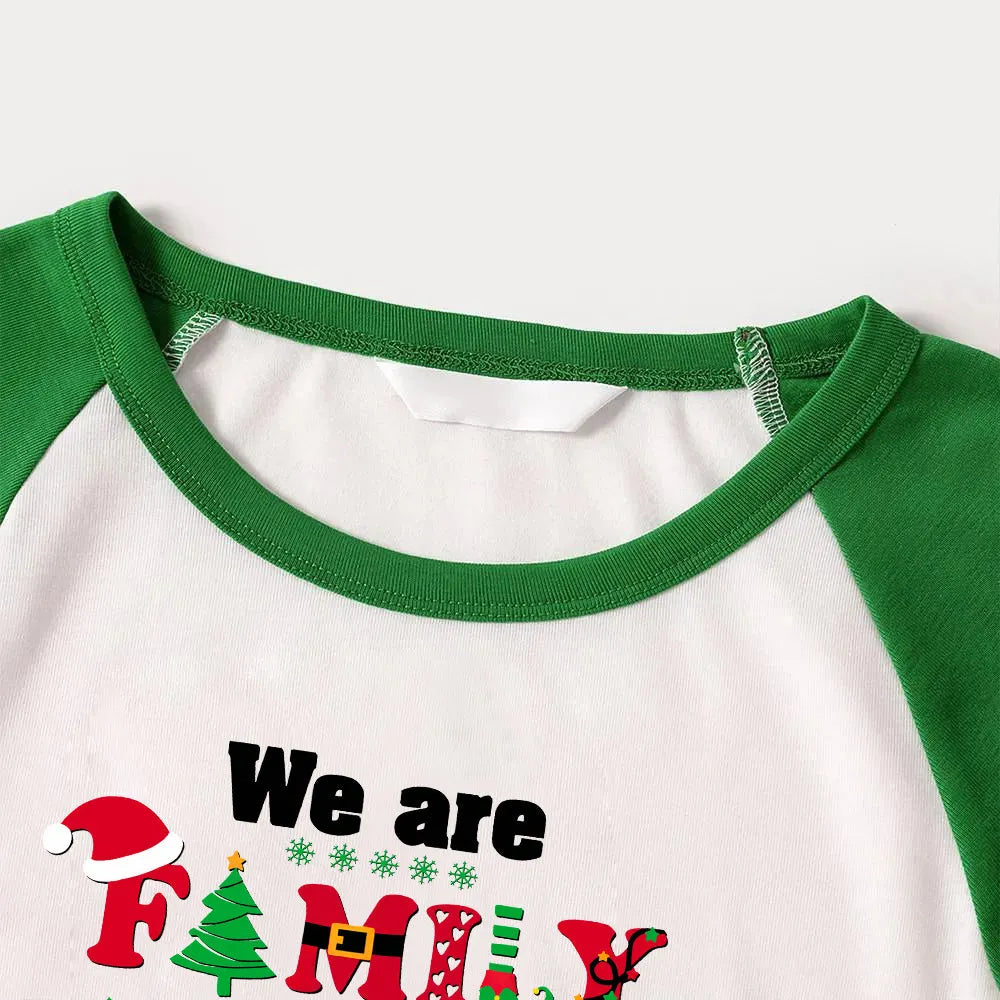 Christmas We are Family 2025 Letter Print Green Rotator Cuff Top With Green & Black Plaid Family Matching Pajamas
