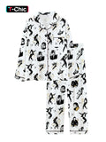 Women's Cute Retro Music Star Pajamas Set, Comfortable 2-Piece Long Sleeve Sleepwear, High-Style Party Pajamas, Fun