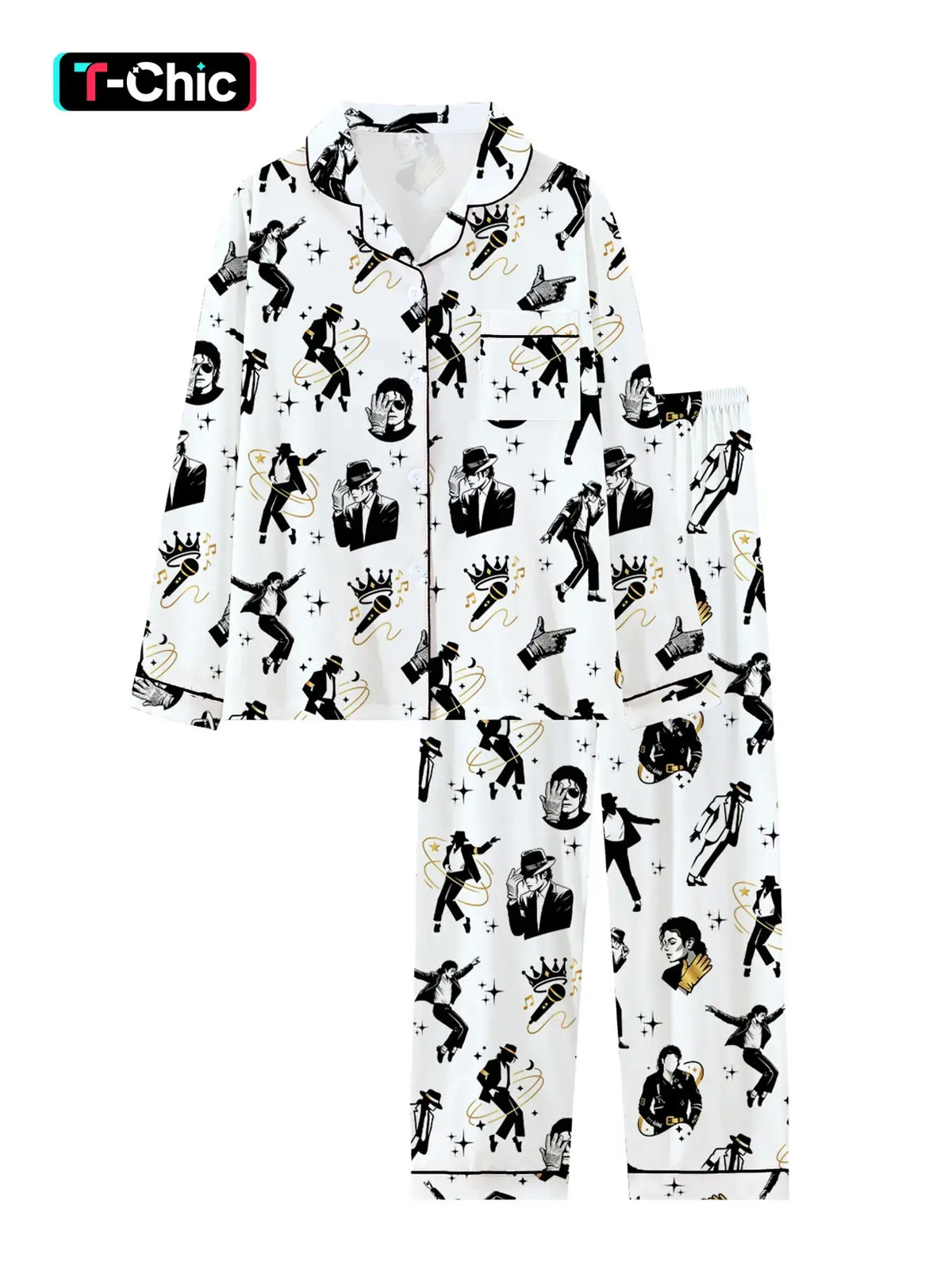 Women's Cute Retro Music Star Pajamas Set, Comfortable 2-Piece Long Sleeve Sleepwear, High-Style Party Pajamas, Fun