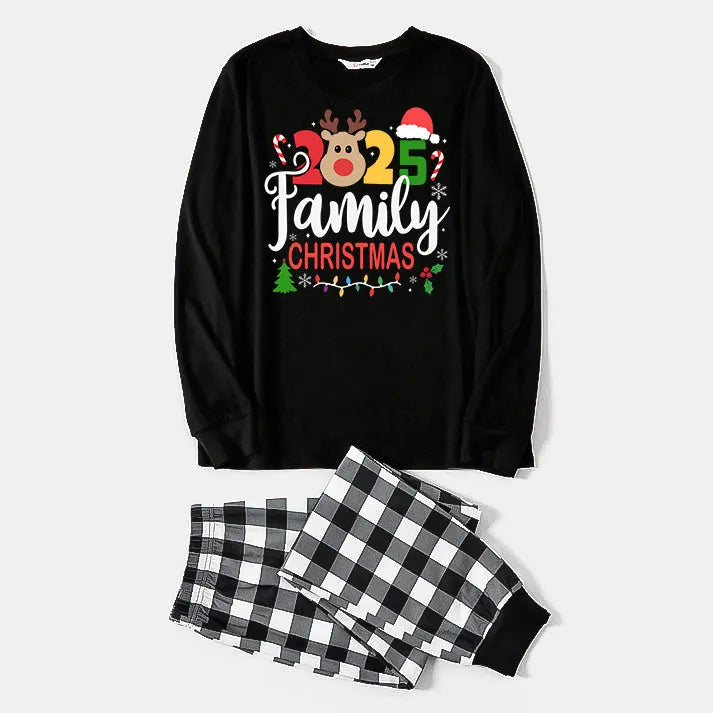 "Family Christmas 2025" Text and Deer Prints Black Long Sleeve Top with Black And White Plaid Pants Family Matching Pajamas