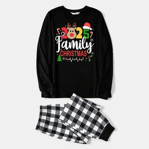 "Family Christmas 2025" Text and Deer Prints Black Long Sleeve Top with Black And White Plaid Pants Family Matching Pajamas