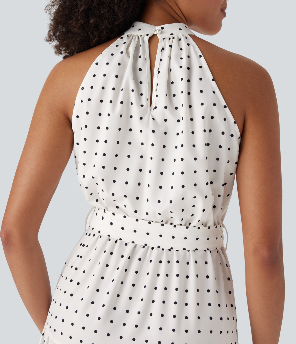 Halter Keyhole Back Belted Polka Dot Flowy Midi Dress with Pockets