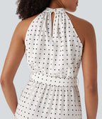 Halter Keyhole Back Belted Polka Dot Flowy Midi Dress with Pockets