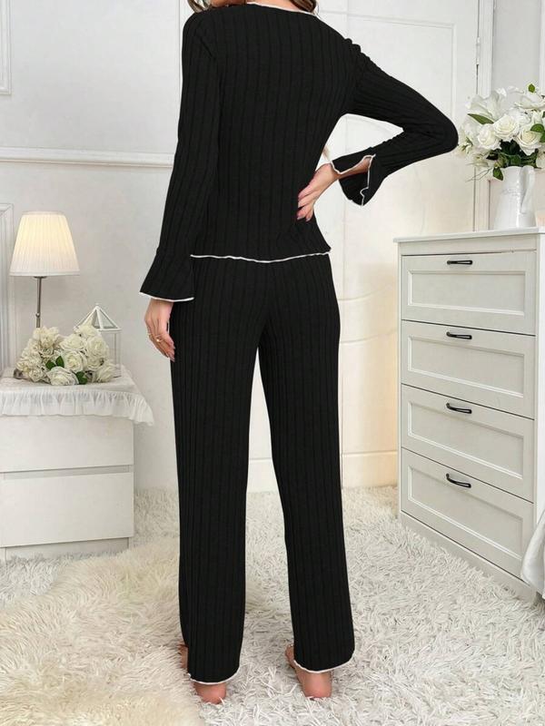 Women's Solid Lettuce Trim Top & Pants Loungewear Two-Piece Set, Casual Comfy Long Sleeve V Neck Top & Trousers PJ Set, Ladies Sleepwear for All Seasons