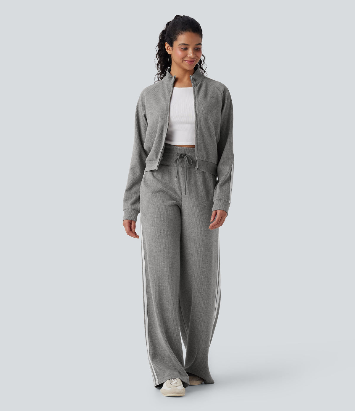 2026🔥 Ribbed SoCinched High Waisted Tummy Control Drawstring Wide Leg Color Block Casual Trousers with Pockets