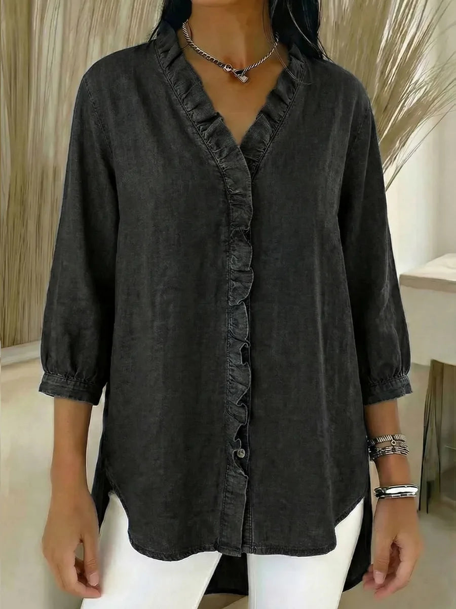 Women's Casual Denim V-Neck Ruffled Shirt