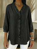 Women's Casual Denim V-Neck Ruffled Shirt