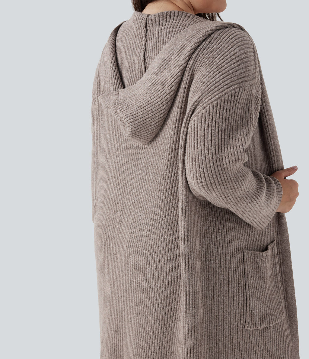 Hooded Long Sleeve Pocket Longline Casual Plus Size Cardigan