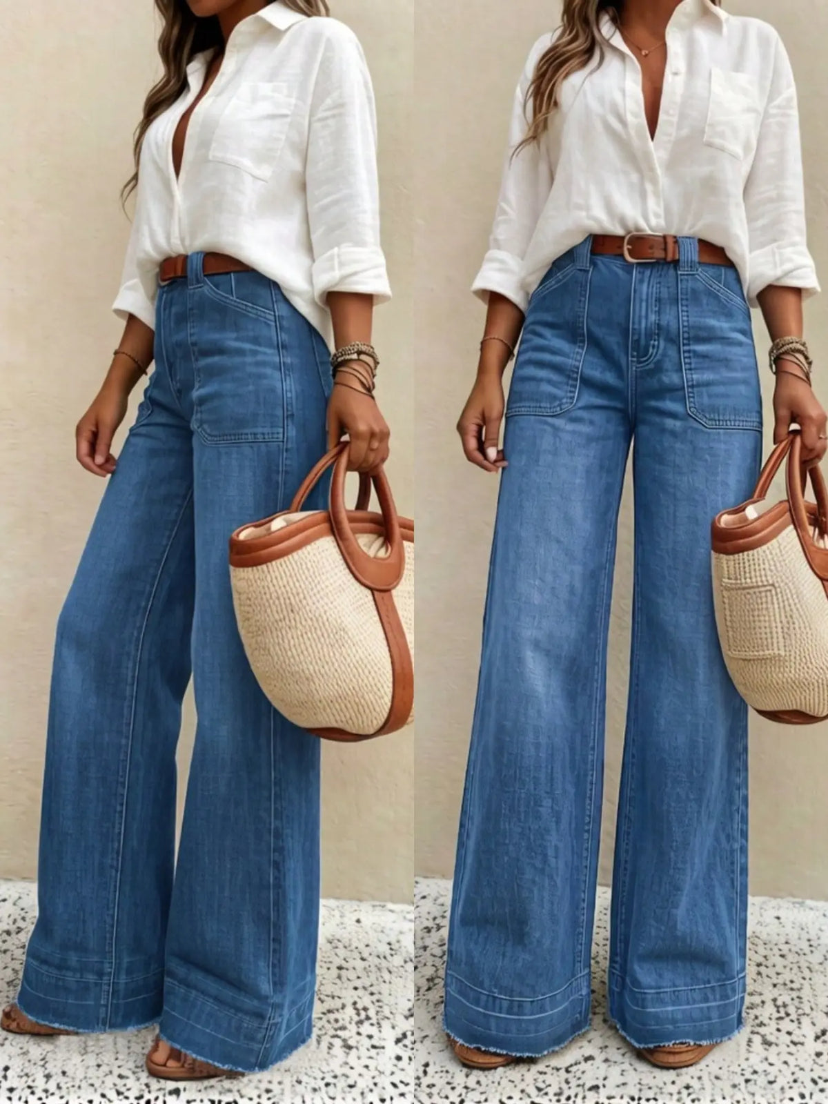 Women's Elastic Jeans, Vintage Washed Wide Leg, High Waist Slimming, Casual Daily Wear, No Belt Included, Loose-Fitting, All Seasons