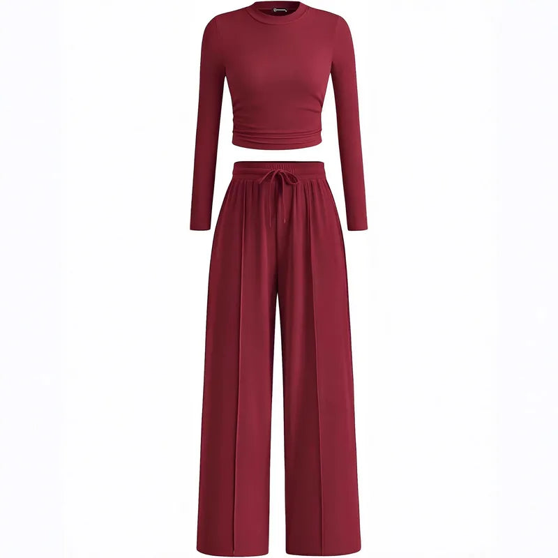2-Piece Lounge Set – Ribbed Knit Long Sleeve Crop Top & Wide Leg Pants